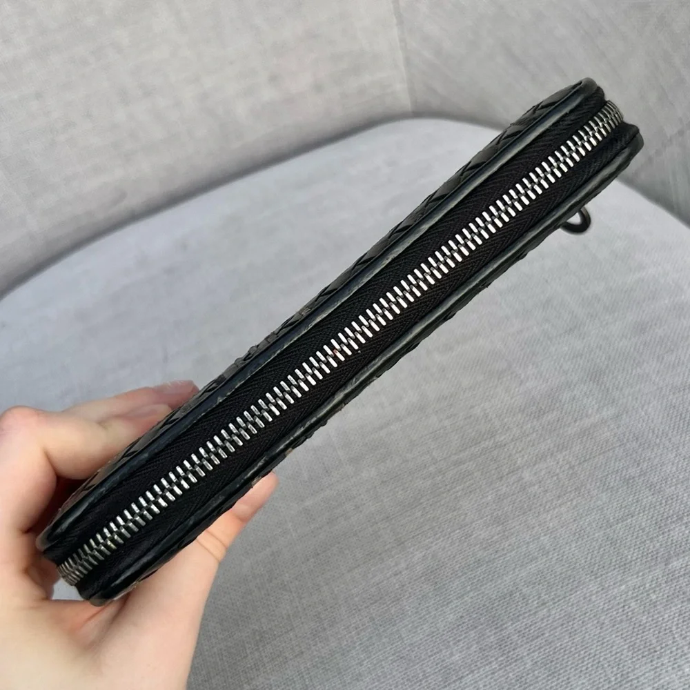 RARE BOTTEGA VENETA Anthracite Black Weave Intrecciato Zip Around Long Wallet